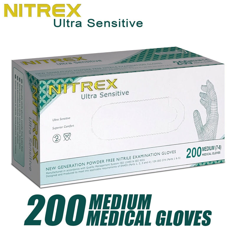 NITREX ULTRA SENSITIVE NITRILE DISPOSABLE EXAMINATION GLOVES POWDER LATEX FREE (MEDIUM SIZE)